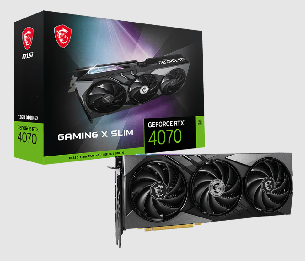  nVIDIA GeForce RTX 4070 GAMING X SLIM 12G<br>Boost Mode: 2610 MHz, 1x HDMI/ 3x DP, Max Resolution: 7680 x 4320, 1x 16-Pin Connector, Recommended: 650W  